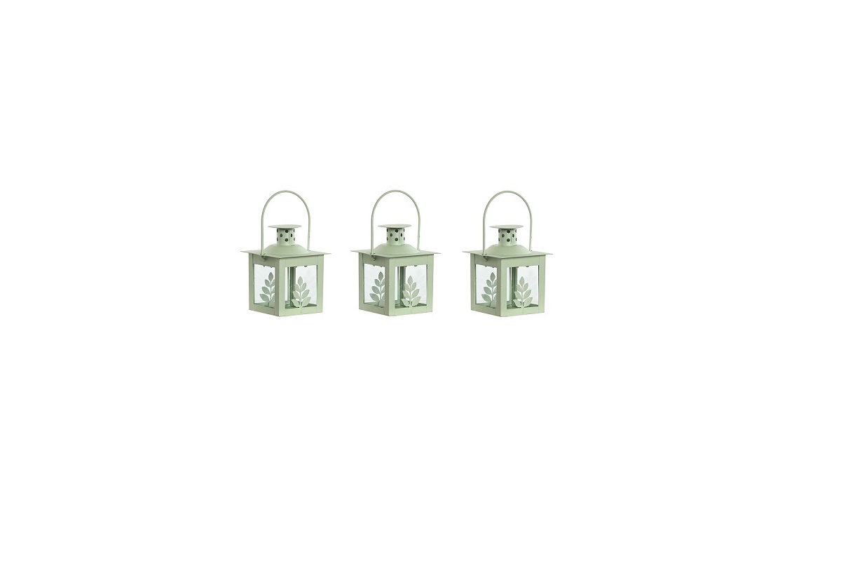 FAROLA SET 3 HIERRO CRISTAL 7X7X10 HOJA VERDE
